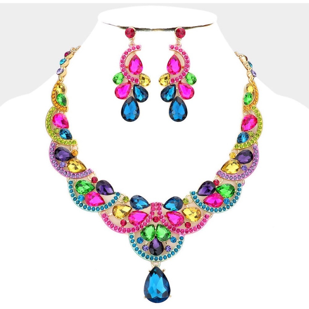 Rainbow Teardrop Stone Accented Evening Necklace Set